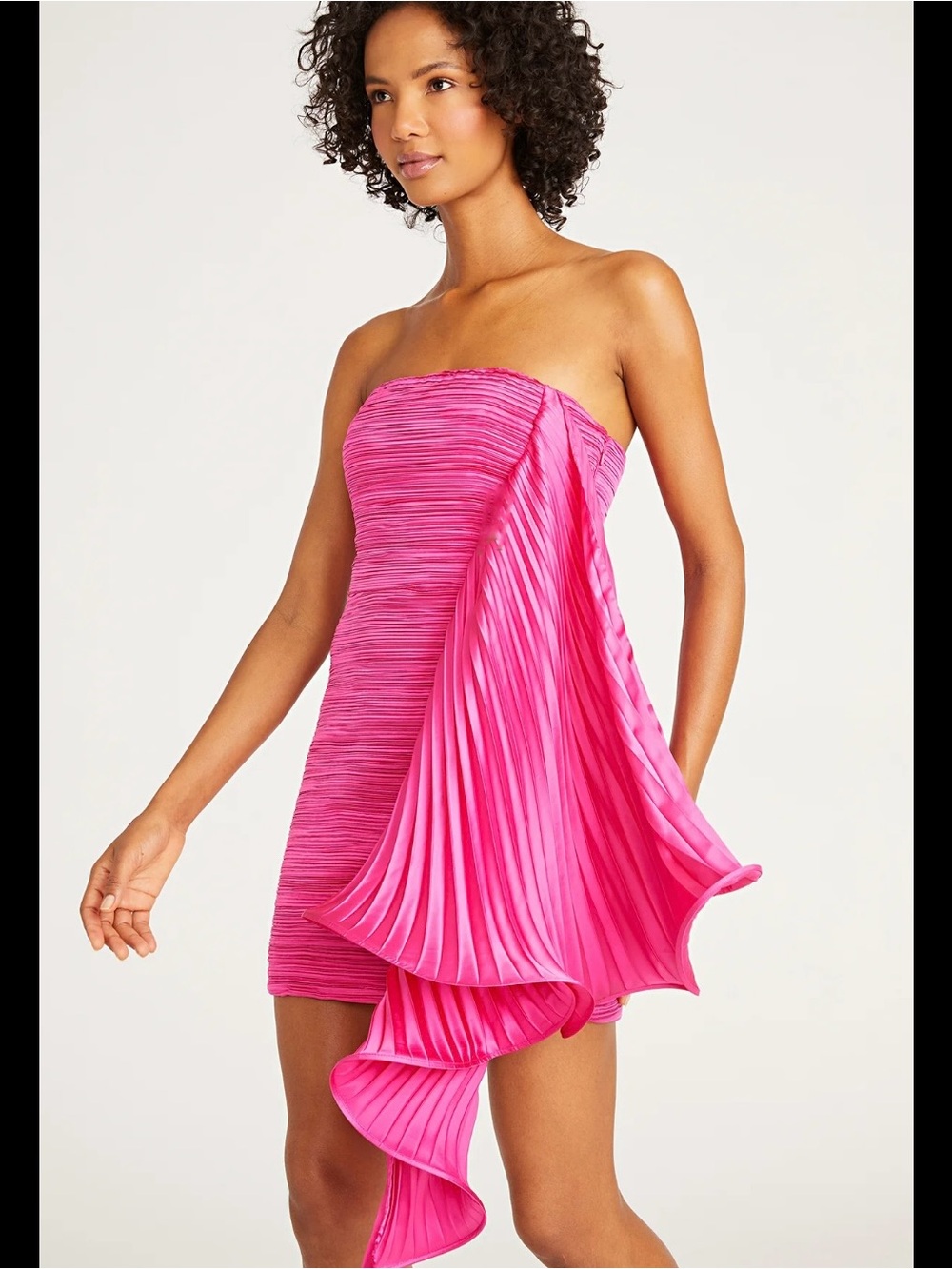 AMUR Hot Pink Strapless Pleated Ruffle Mini Dress